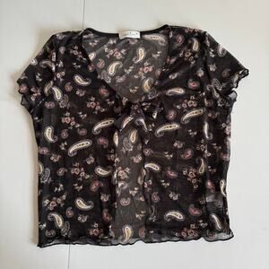 Rebellious Dreamer Paisley Floral Mesh Tie-Front Y2K Romantic Goth Chic Black XL